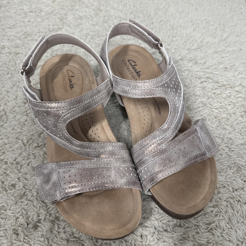 Clarks Calenne Carmen Sandal Wedge Leather Beige Gold Slingback Womens 7 Comfort